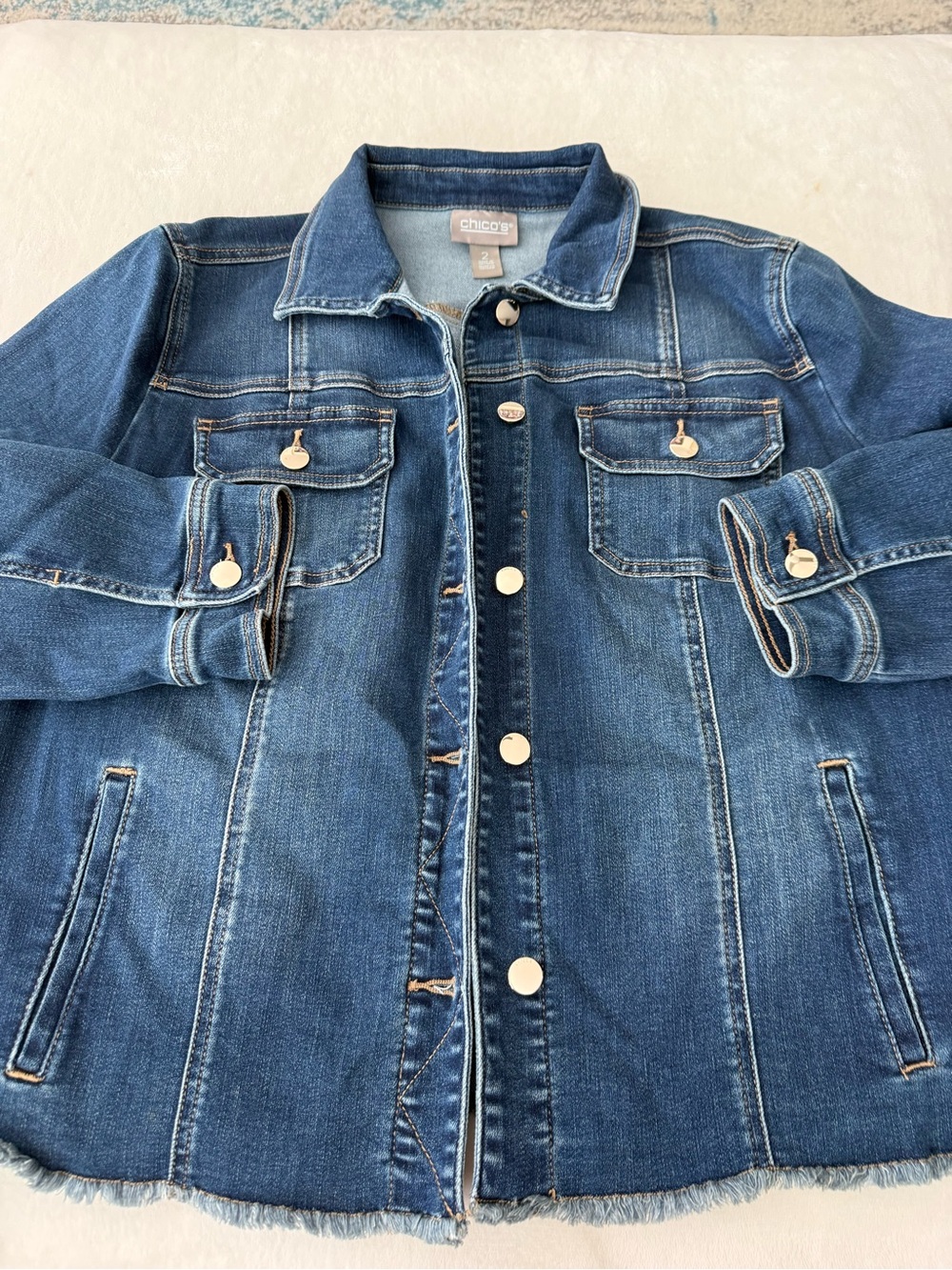 Chicos 2 Size Large Blue Jean Jacket Gold Buttons freyed hem EB2